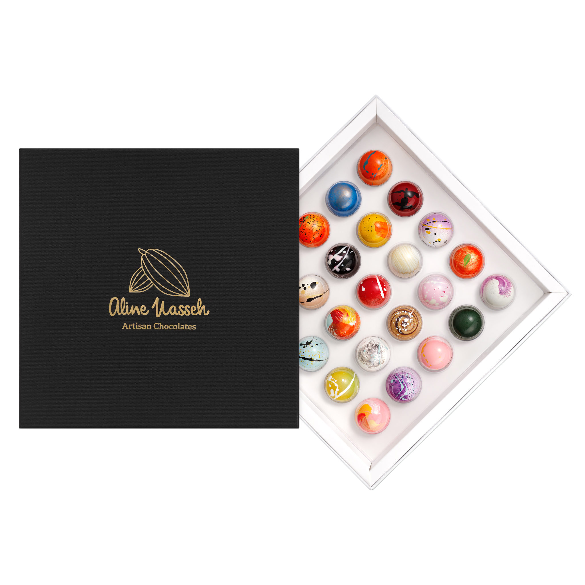 Black gift box filled with colourful hand-painted chocolate bonbons